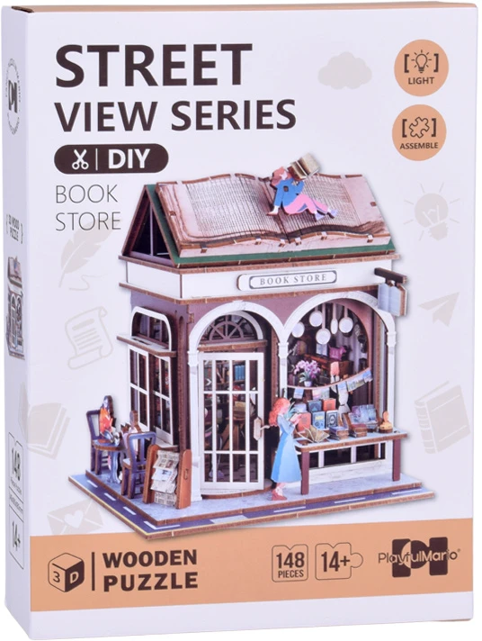 Jokomisiada Wooden 3D Dėlionė Series Bookstore building 148 elements lighting ZA6014