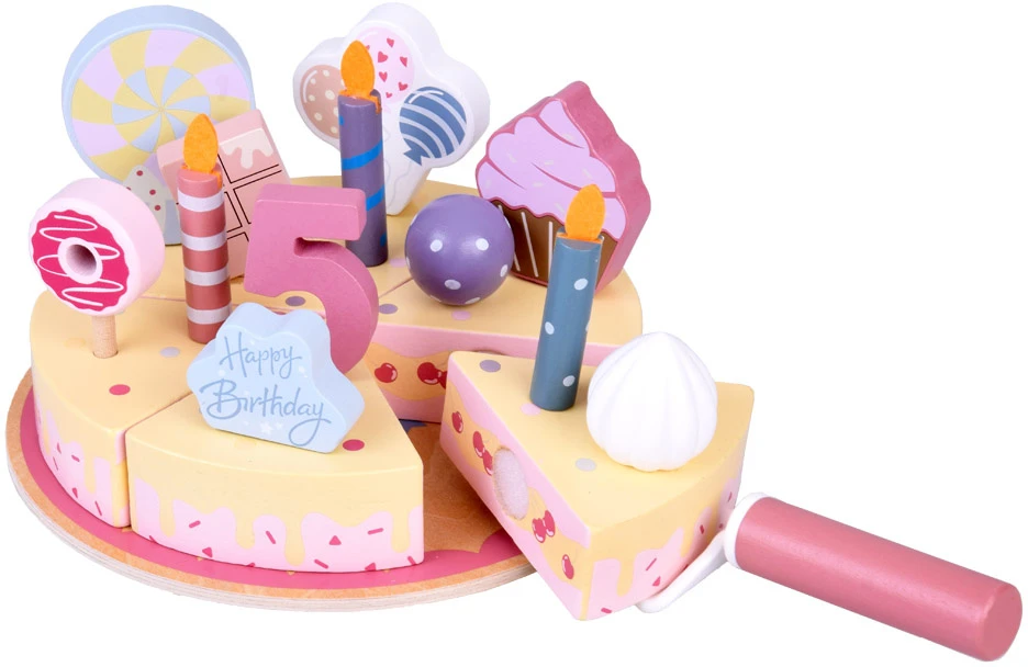 Jokomisiada Candy Wooden Birthday Cake Toy with Candles and Decorations – Cutting Play Set ZA5936