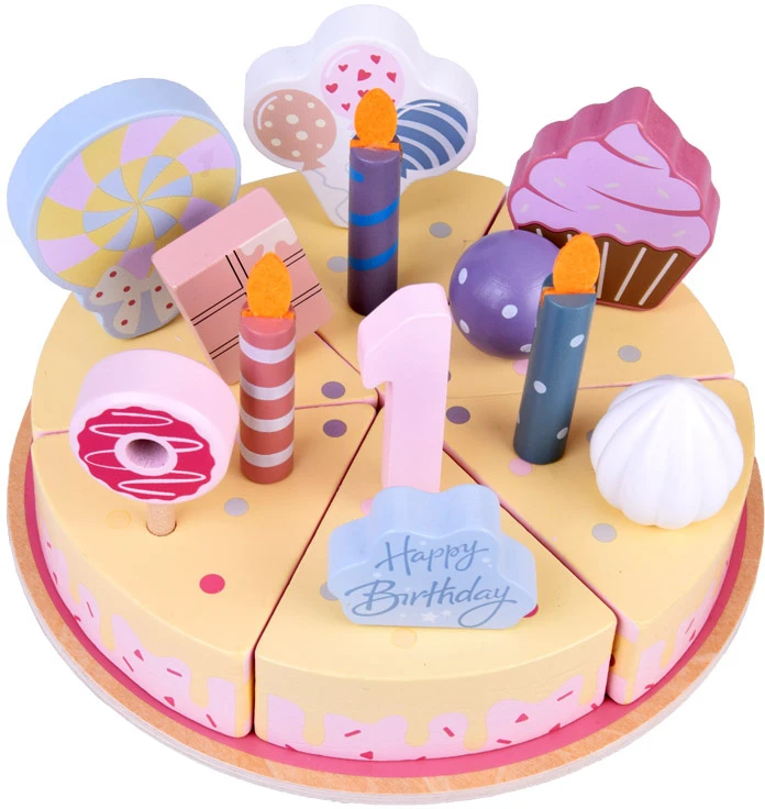 Jokomisiada Candy Wooden Birthday Cake Toy with Candles and Decorations – Cutting Play Set ZA5936
