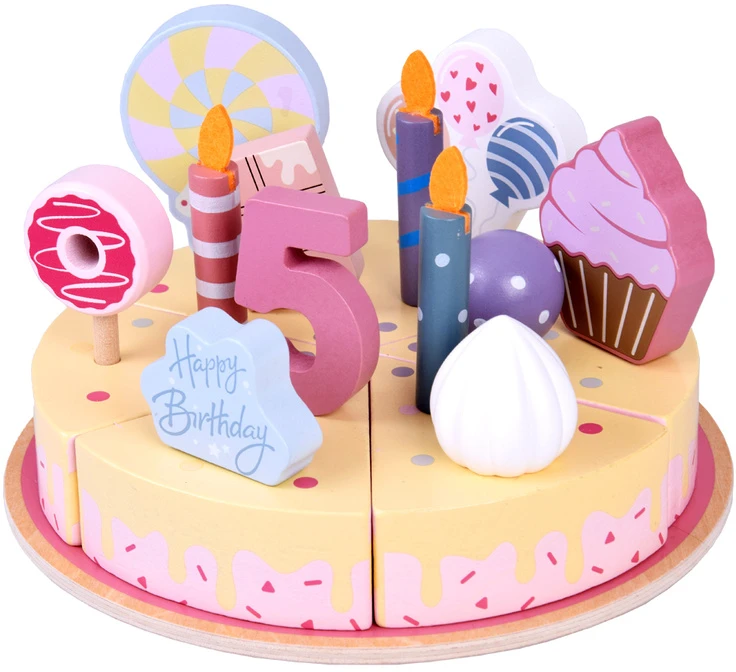 Jokomisiada Candy Wooden Birthday Cake Toy with Candles and Decorations – Cutting Play Set ZA5936