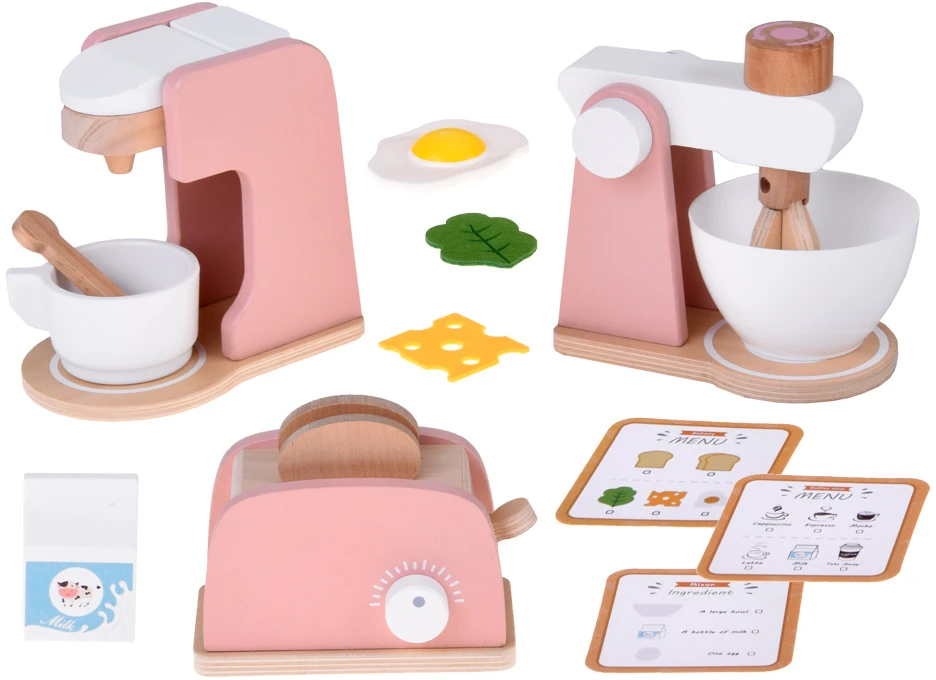 Jokomisiada Wooden Set Toaster Coffee Machine Mixer + Accessories – Small Pretend Play Appliances ZA5929