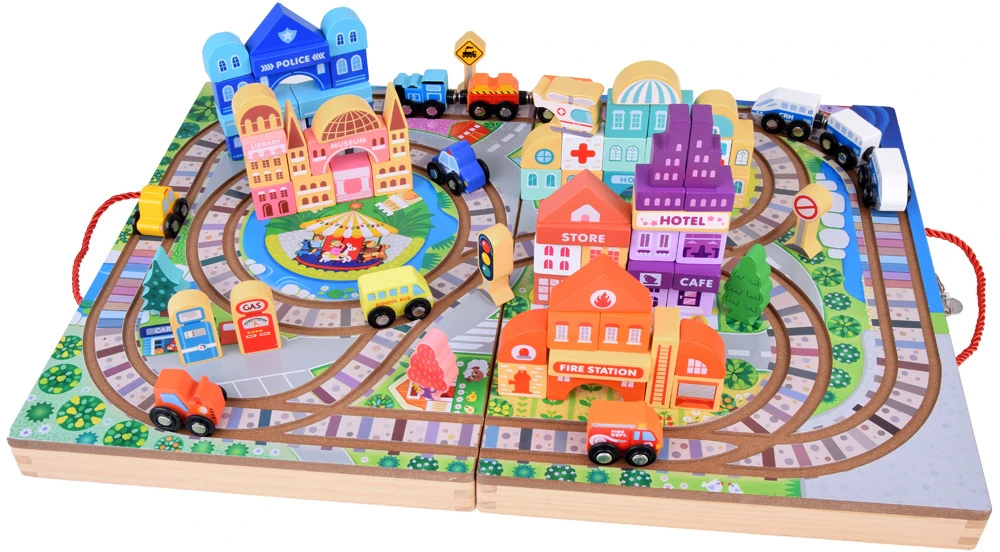 Jokomisiada Medinis traukinio rinkinys „Build a City“ + traukinio lagaminas 89 ZA5374