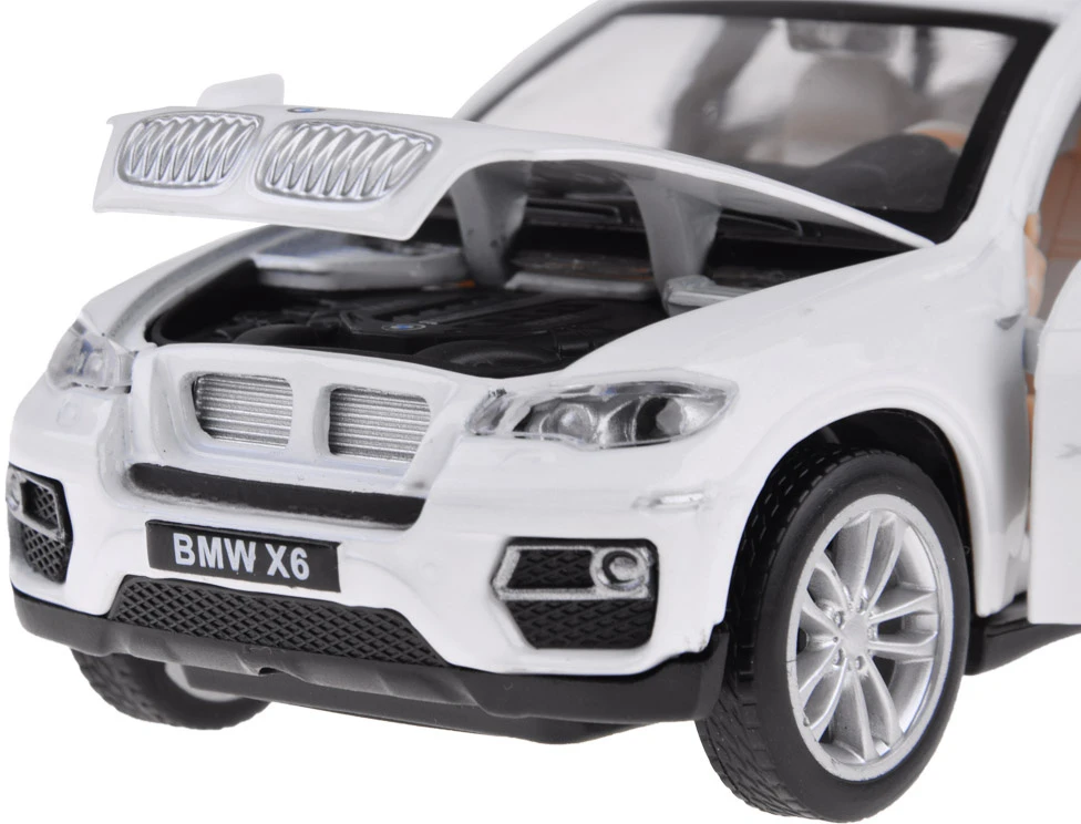 Jokomisiada Metalinis automobilis BMW x6 modelio skalė 1:32 Baltas visureigio šviesos garsas ZA4606