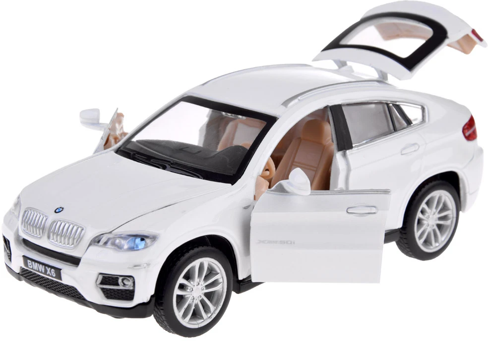 Jokomisiada Metalinis automobilis BMW x6 modelio skalė 1:32 Baltas visureigio šviesos garsas ZA4606