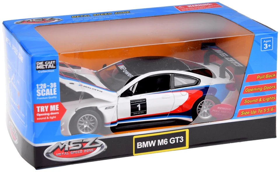 Jokomisiada Metalo automobilių sporto modelis „BMW M6 GT3“ skalė 1:32 Šviesos garsas ZA4613