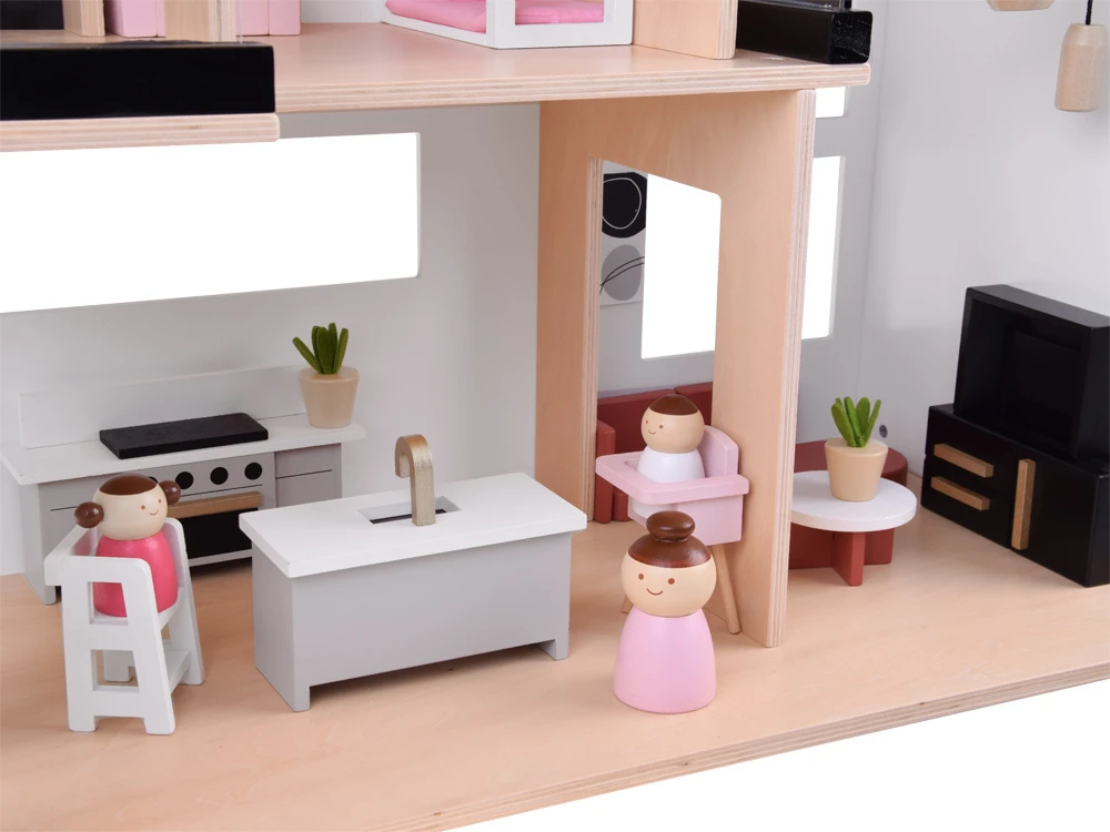 Jokomisiada Šiuolaikinis medinis lėlių namelis LOFT stiliumi + lėlių baldai ZA5073