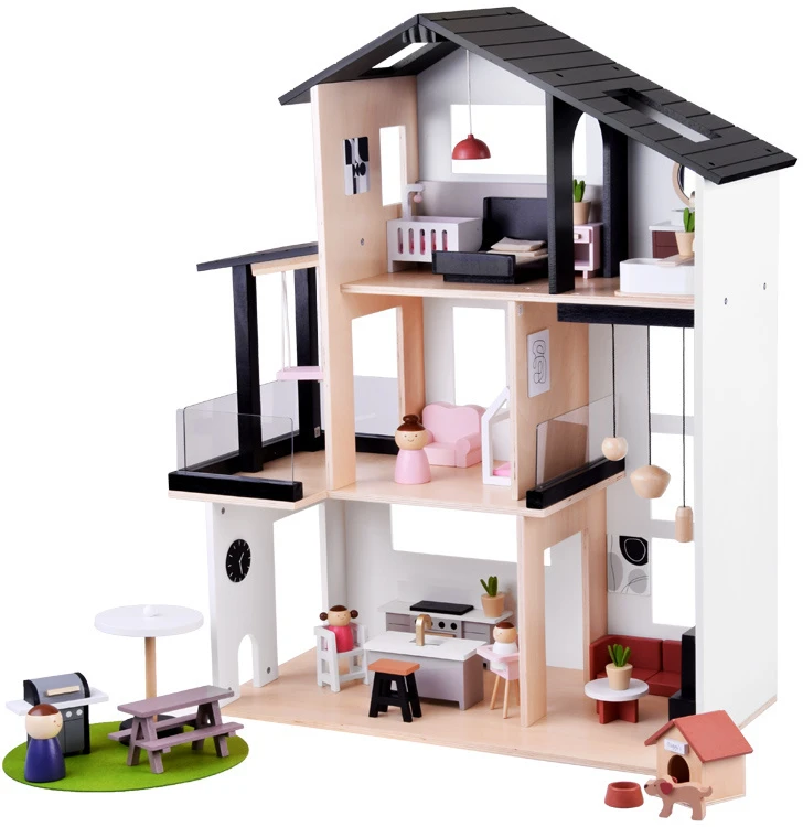 Jokomisiada Šiuolaikinis medinis lėlių namelis LOFT stiliumi + lėlių baldai ZA5073