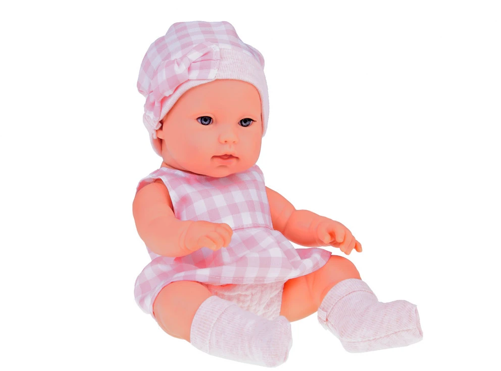 Jokomisiada Baby Doll Newborn dėvi rožinės spalvos kepurės suknelę + triušis ZA 5007 RO