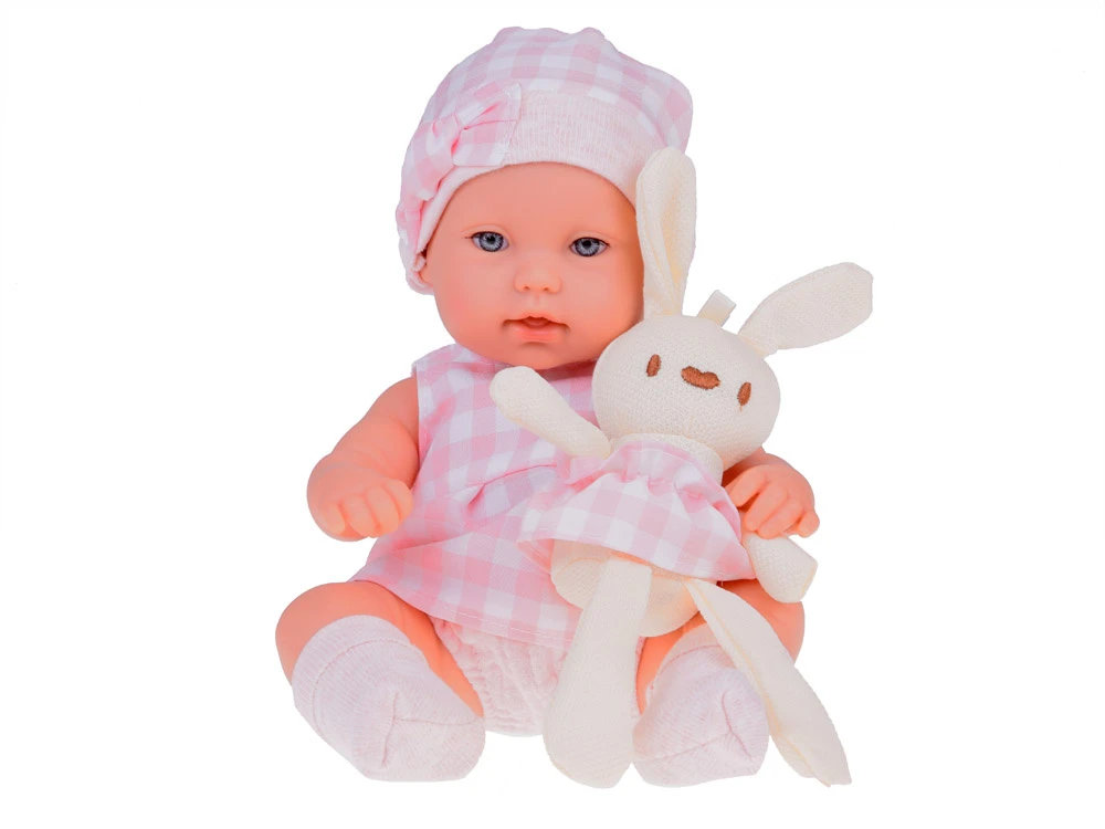 Jokomisiada Baby Doll Newborn dėvi rožinės spalvos kepurės suknelę + triušis ZA 5007 RO
