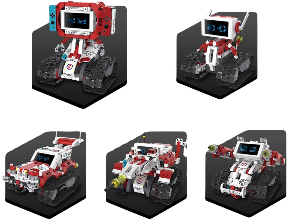 Jokomisiada techniniai statybiniai blokai „Robots Pro 5 viename“ rinkinys su nuotolinio valdymo pultu ir LED ekranu RC0741