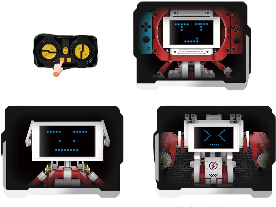 Jokomisiada techniniai statybiniai blokai „Robots Pro 5 viename“ rinkinys su nuotolinio valdymo pultu ir LED ekranu RC0741