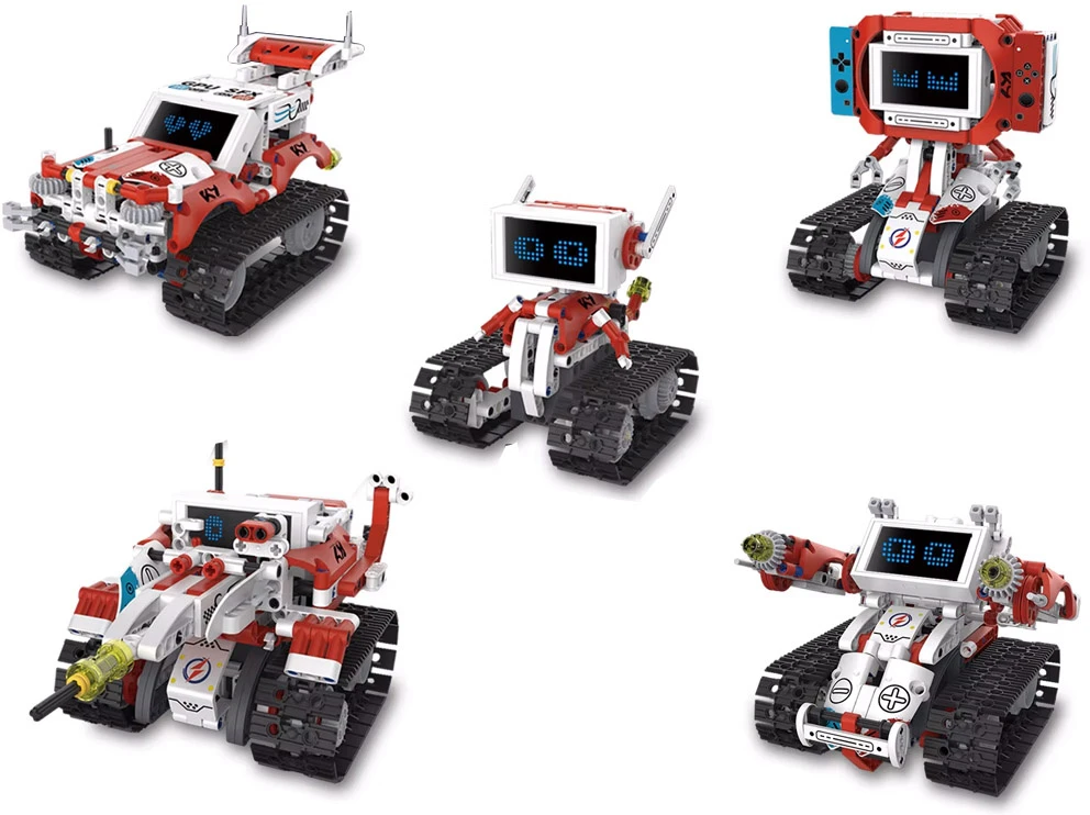 Jokomisiada techniniai statybiniai blokai „Robots Pro 5 viename“ rinkinys su nuotolinio valdymo pultu ir LED ekranu RC0741