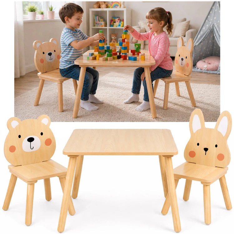 Jokomisiada Children's table and chairs - wooden set Teddy bear and bunny ZA6169