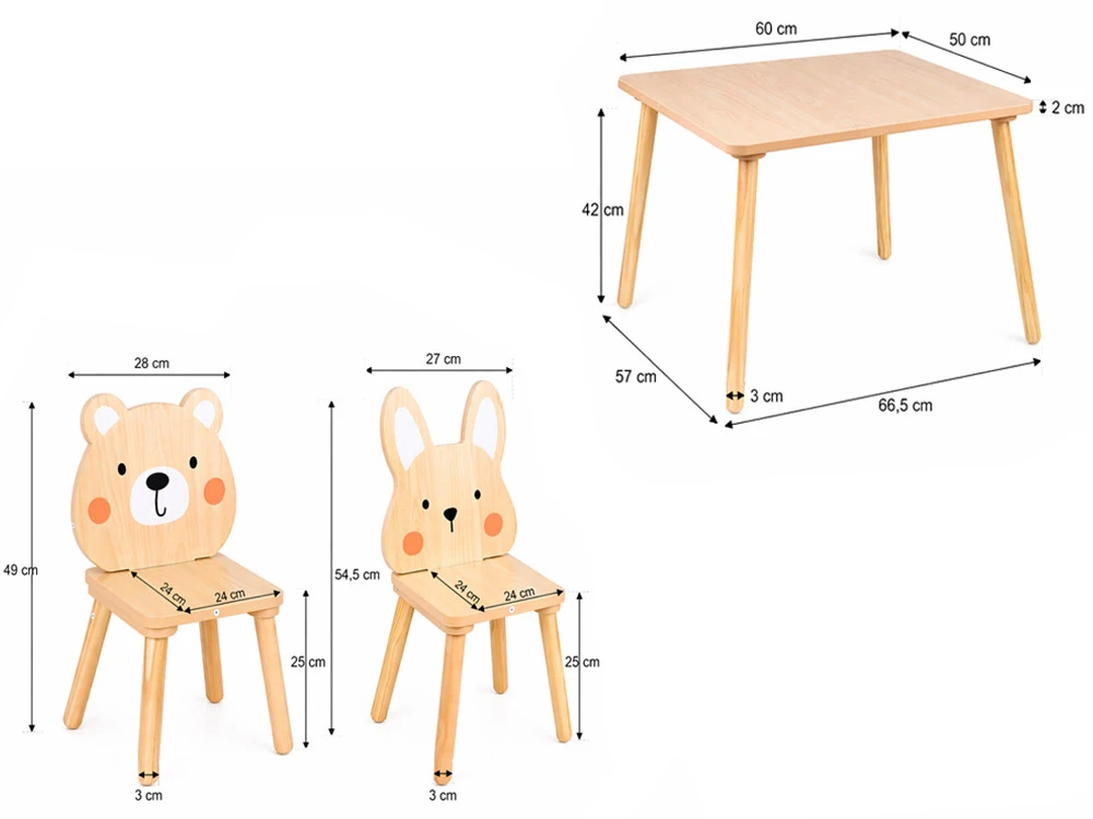 Jokomisiada Children's table and chairs - wooden set Teddy bear and bunny ZA6169