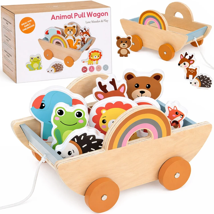 Jokomisiada Wooden cart with 7 animals to pull ZA6168