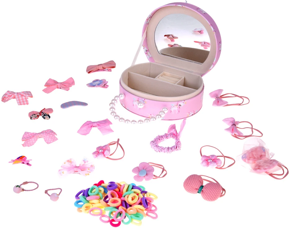Jokomisiada Charming jewelry box made of eco-leather with a mirror and hair accessories ZA5737