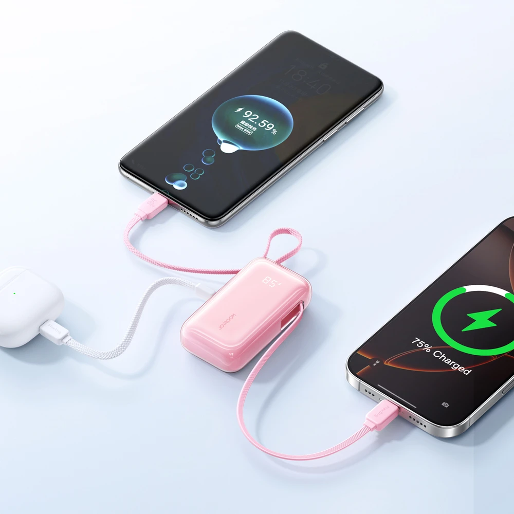 Joyroom JR-PR2L 10000mAh 35W išorinė baterija su integruotu ištraukiamu USB-C laidu ir USB-C virvele - Rožinė