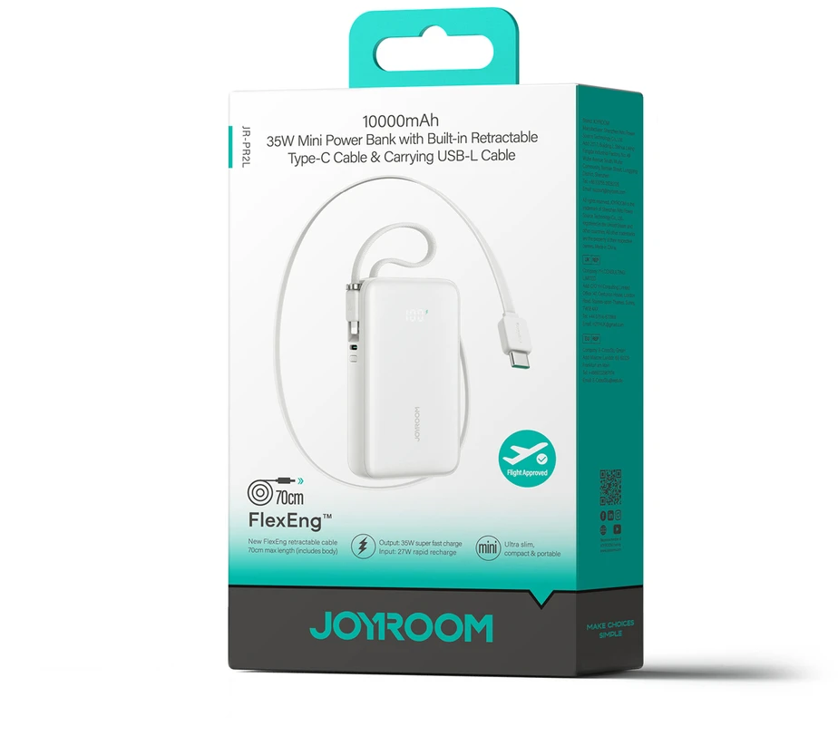 Joyroom Power Bank with Digital Ekranas, C+U+U, PD 35W, 10000 mAh with Built-in Retractable Type-C and Lightning Lanyard cable (0.7m), Baltas (JR-PR2L)