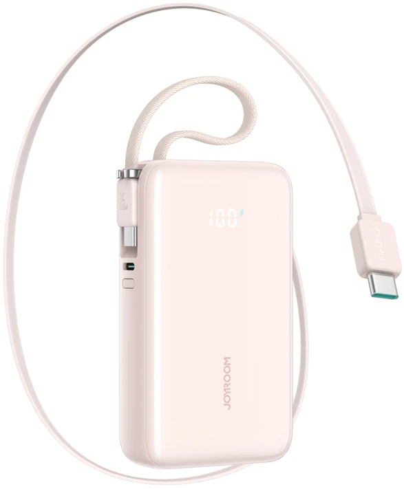 Joyroom JR-PR2L 10000mAh 35W išorinė baterija su integruotu ištraukiamu USB-C laidu ir USB-C virvele - Rožinė