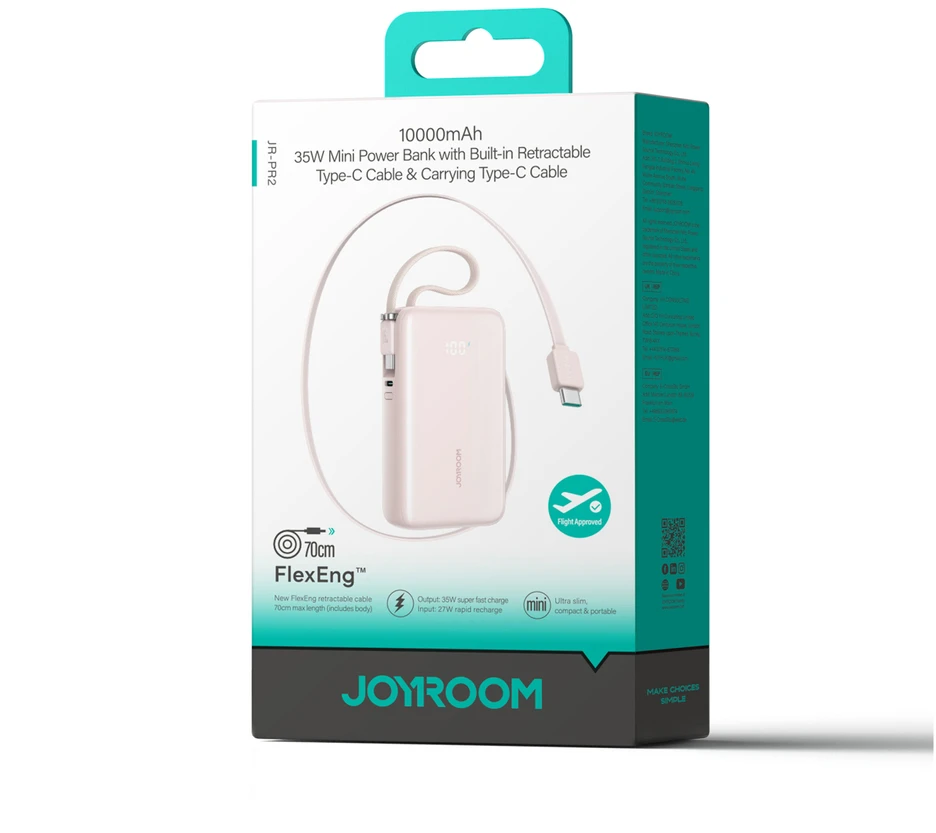 Joyroom JR-PR2L 10000mAh 35W išorinė baterija su integruotu ištraukiamu USB-C laidu ir USB-C virvele - Rožinė