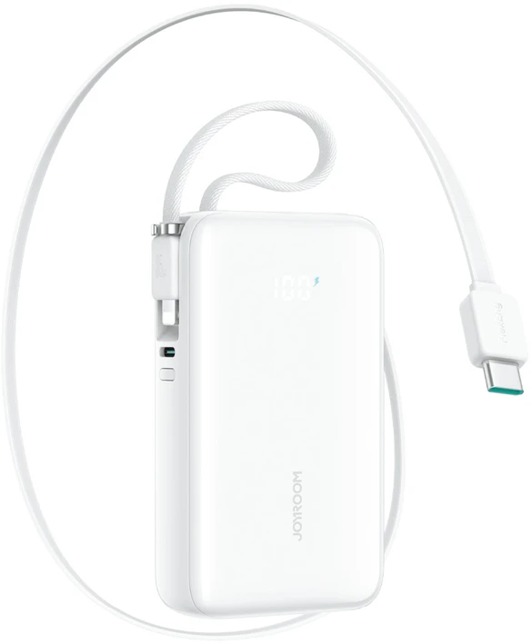 Joyroom Power Bank with Digital Ekranas, C+U+U, PD 35W, 10000 mAh with Built-in Retractable Type-C and Lightning Lanyard cable (0.7m), Baltas (JR-PR2L)