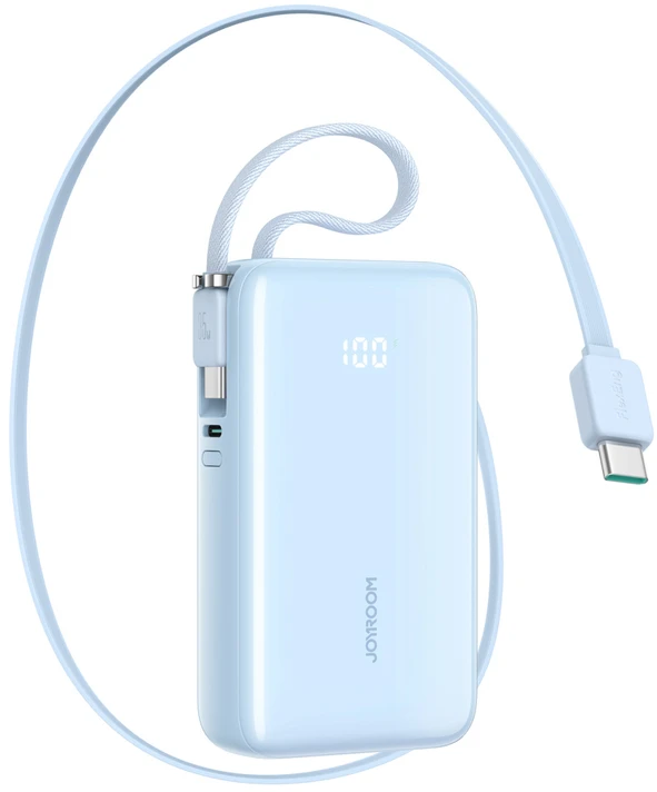 Joyroom Power Bank with Digital Ekranas, C+U+U, PD 35W, 10000 mAh with Built-in Retractable 2x Type-C Lanyard cable (0.7m) Mėlyna (JR-PR2L)