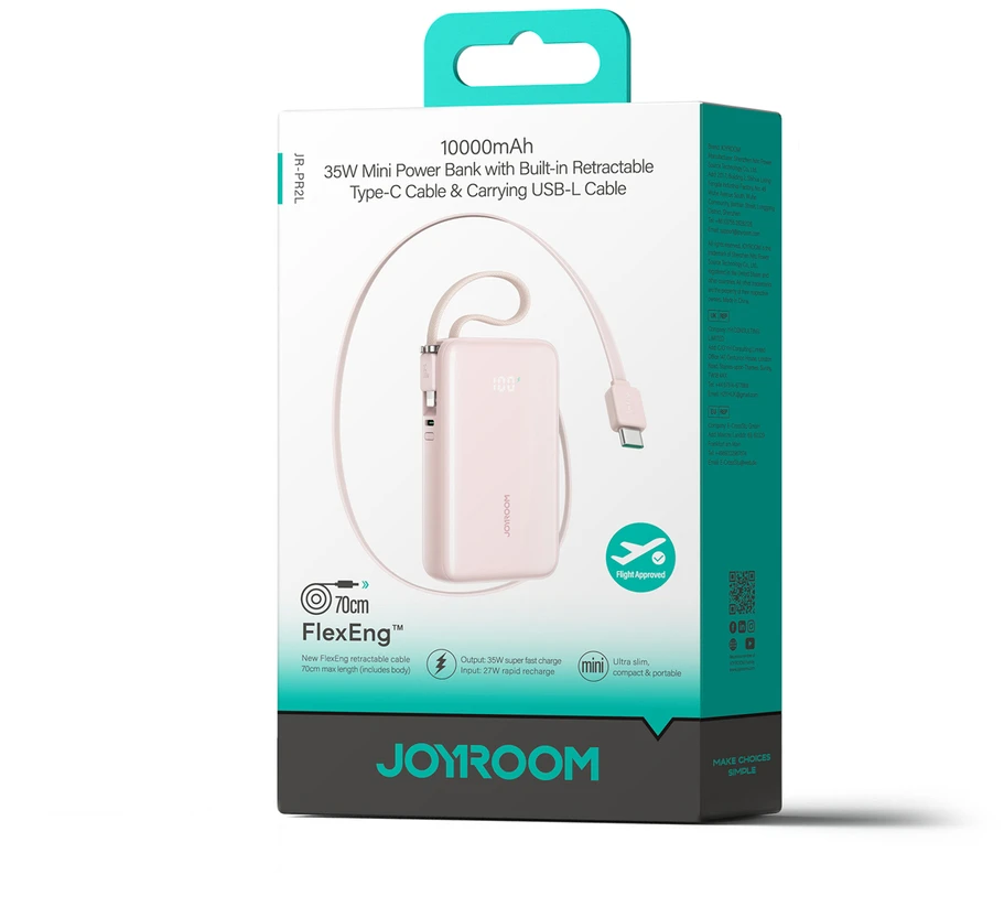 Joyroom Power Bank with Digital Ekranas, C+U+U, PD 35W, 10000 mAh with Built-in Retractable Type-C and Lightning Lanyard cable (0.7m), Rožinė (JR-PR2L)