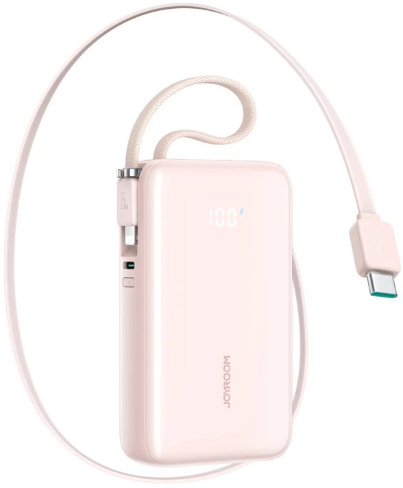 Joyroom Power Bank with Digital Ekranas, C+U+U, PD 35W, 10000 mAh with Built-in Retractable Type-C and Lightning Lanyard cable (0.7m), Rožinė (JR-PR2L)