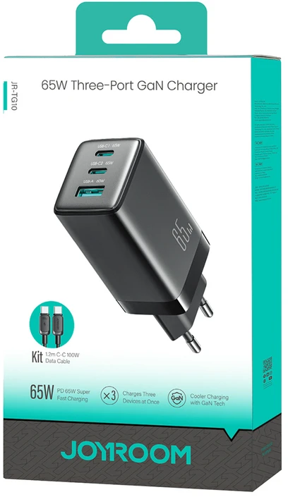Joyroom JR-TG10 65W GaN 2x USB-C + USB-A sieninis įkroviklis su 100W USB-C - USB-C 1,2 m laidu - juodas