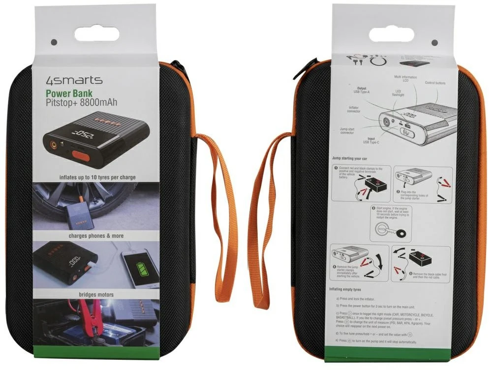Įkroviklis „4smarts PitStop+“ 8800 mAh su kompresoriumi ir žibintuvėliu, juodos spalvos