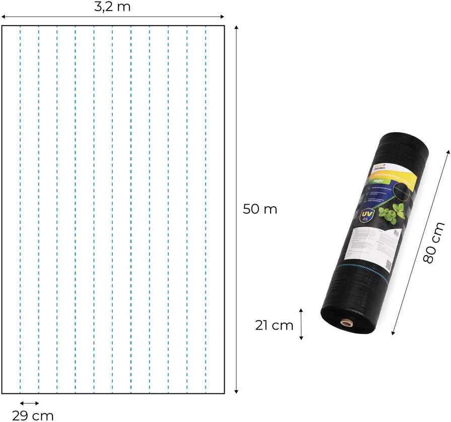 Juoda UV spinduliams atspari agrodanga 90 g/m², piktžolių kontrolės audinys 3,2×50 m, smeigtukai, MultiGarden