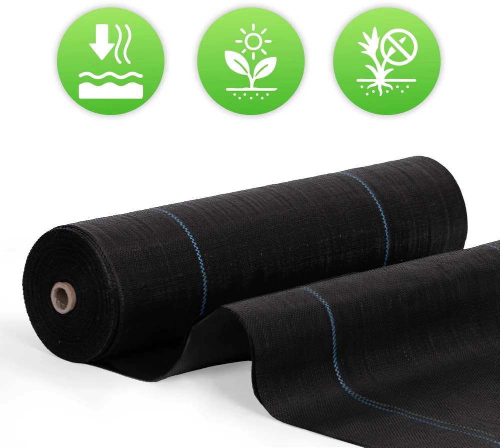 Juoda UV spinduliams atspari agrodanga 90 g/m², piktžolių kontrolės audinys 3,2×50 m, smeigtukai, MultiGarden