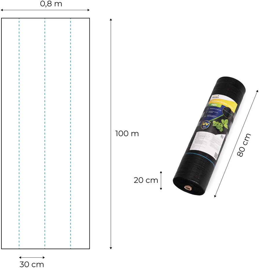 Juoda UV spinduliams atspari agroplėvelė 135 g/m² piktžolių kontrolės danga 0,8×100 m, smeigės, MultiGarden