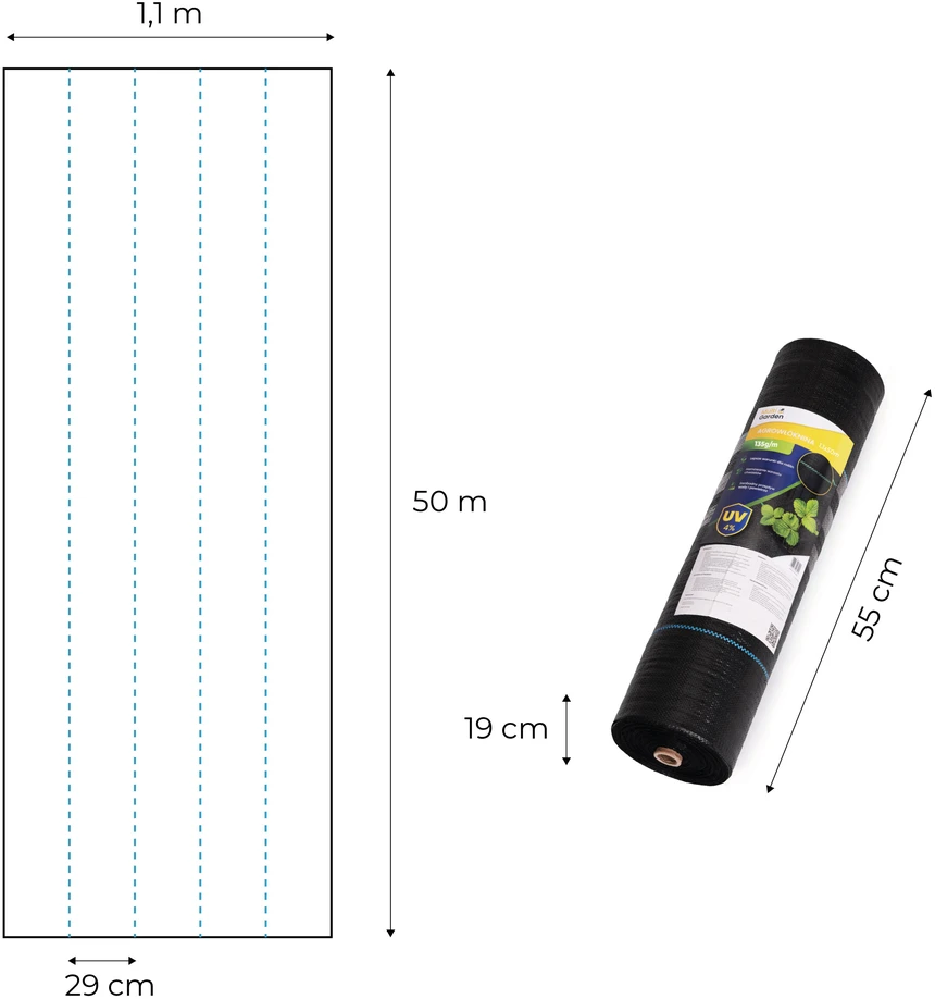 Juoda UV spinduliams atspari agroplėvelė 135 g/m² piktžolių kontrolės danga 1,1×50 m, smeigės, MultiGarden
