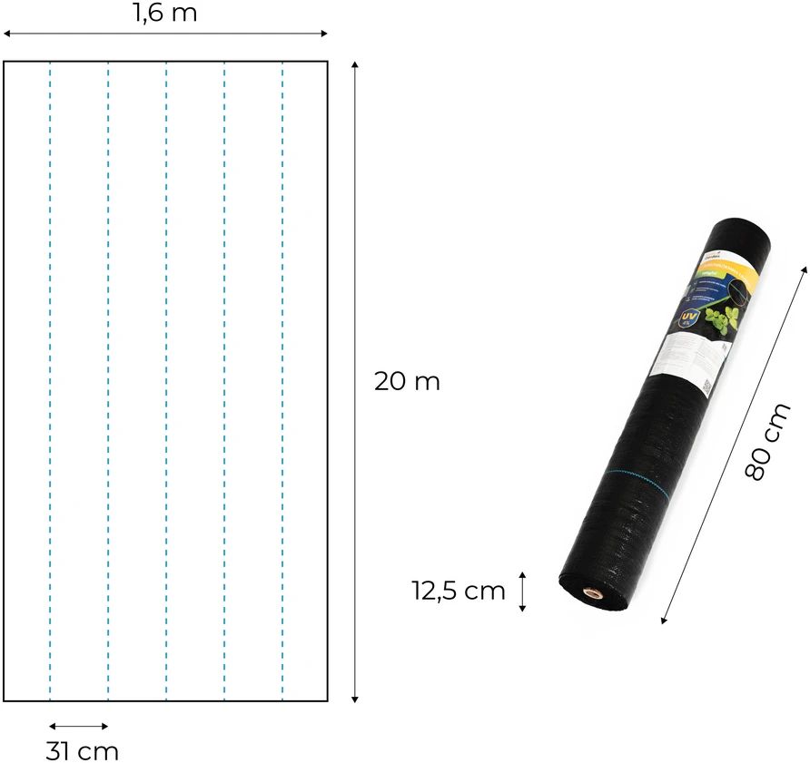 Juoda UV spinduliams atspari agroplėvelė 150 g/m² piktžolių kontrolės danga 1,6×20 m, smeigtukai, MultiGarden