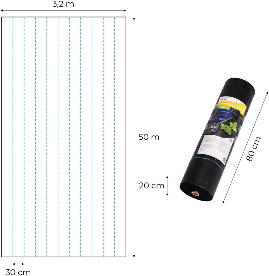 Juoda UV spinduliams atspari agroplėvelė 135 g/m² piktžolių kontrolės danga 3.2×50 m, smeigės, MultiGarden