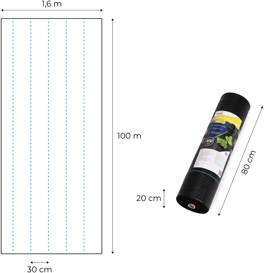 Juodas UV spinduliams atsparus agroaudinys 90 g/m², piktžolių kontrolės danga 1,6×100 m, smeigės, MultiGarden