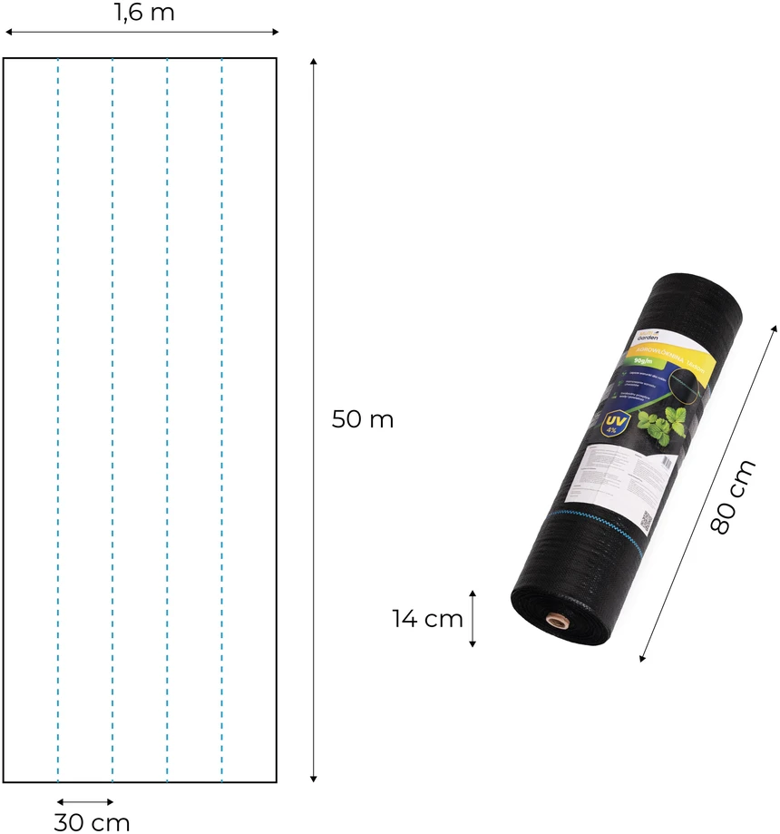 Juodas UV spinduliams atsparus agroaudinys 90 g/m² piktžolių kontrolės danga 1,6 × 50 m, smeigtukai, MultiGarden