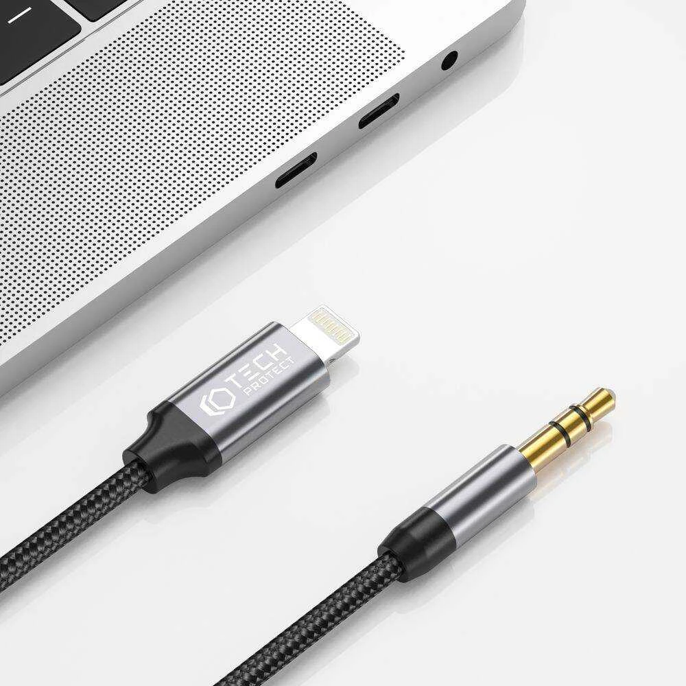 Kabelis 1m Lightning – AUX mini jack 3,5mm Tech-Protect Ultraboost juodos spalvos