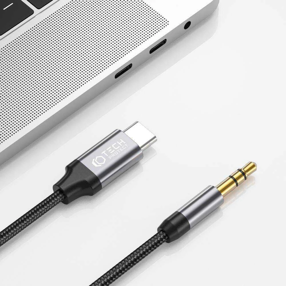 Kabelis 1m USB-C – AUX mini jack 3,5mm Tech-Protect Ultraboost juodos spalvos