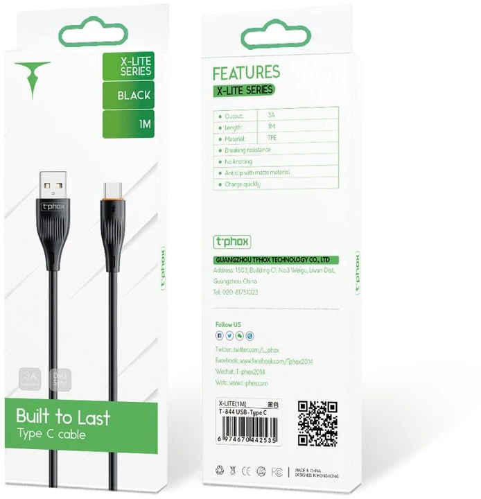 T-PHOX KABELIS X-LITE TYPE-C Juodas 1M 3A