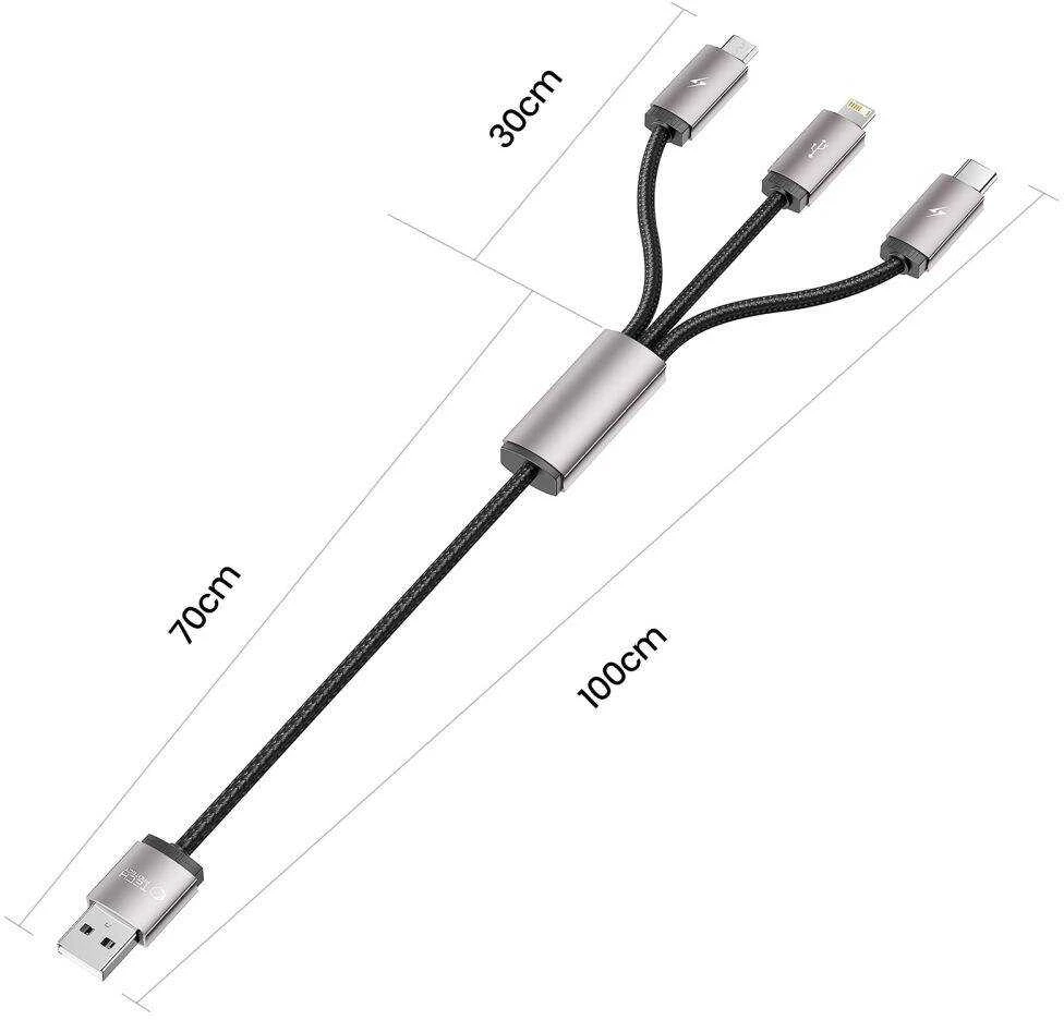 Kabelis 3in1 3.5A 1m USB – USB-C + Lightning + Micro USB Tech-Protect UltraBoost pilkos spalvos