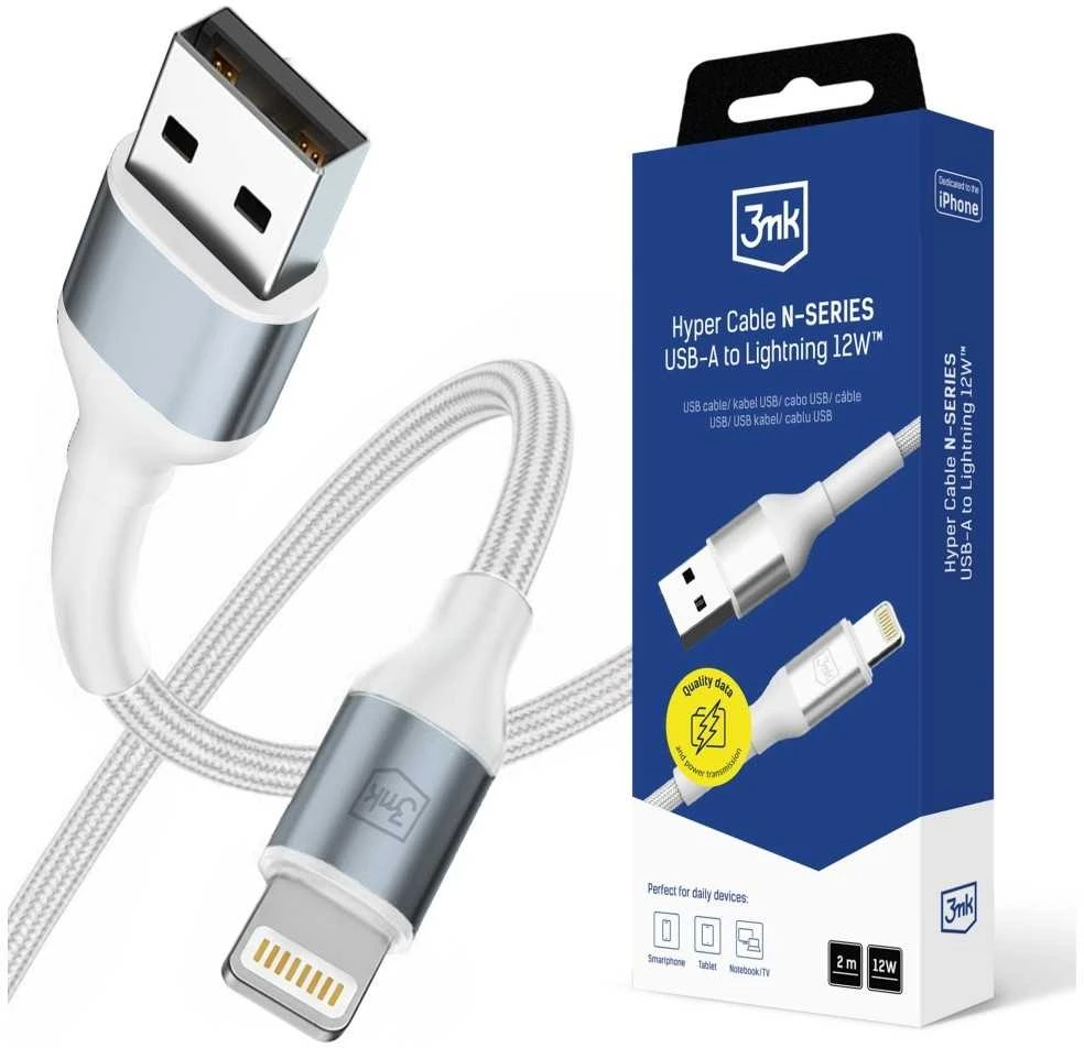 3Mk apsauga 3mk 3mk kabelis 3mk Hyper kabelis N-SERIES USB-A / Lightning 2m 5V/2.4A 12W / baltas