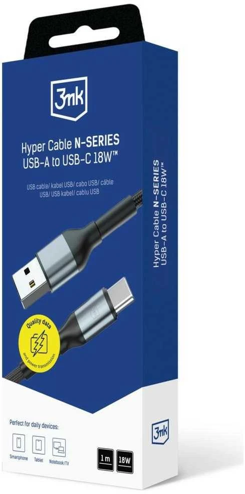 3mk Hyper Cable N-SERIES USB-A į USB-C 1m 9V/2A 18W Juodas