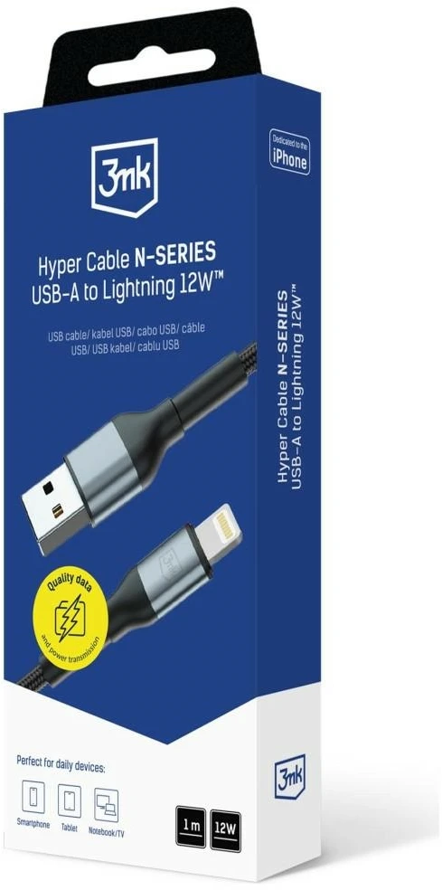 3Mk apsauga 3mk Hyper kabelis 3mk Hyper kabelis N serijos USB-A / Lightning 1m 5V/2.4A 12W / juodas