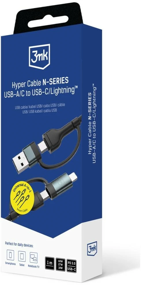3Mk Protection 3mk Hyper Cable N-SERIES 2 in 2 USB-A / USB-C ir USB-C / Lightning 1.2m QC 3.0 9V/2A 60W - juodas