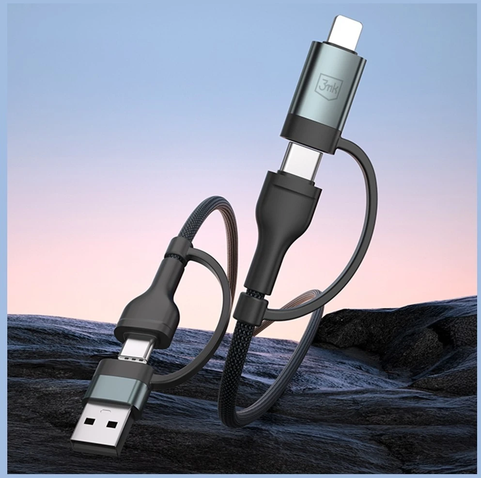 3Mk Protection 3mk Hyper Cable N-SERIES 2 in 2 USB-A / USB-C ir USB-C / Lightning 1.2m QC 3.0 9V/2A 60W - juodas