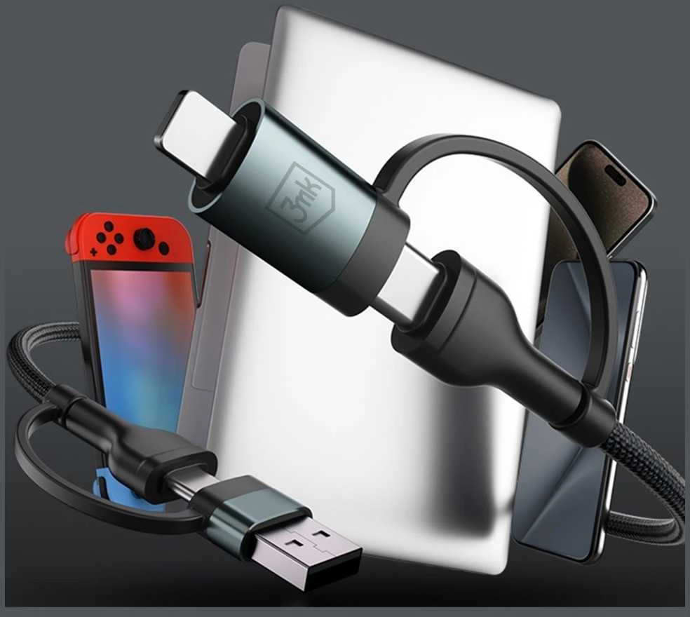 3Mk Protection 3mk Hyper Cable N-SERIES 2 in 2 USB-A / USB-C ir USB-C / Lightning 1.2m QC 3.0 9V/2A 60W - juodas