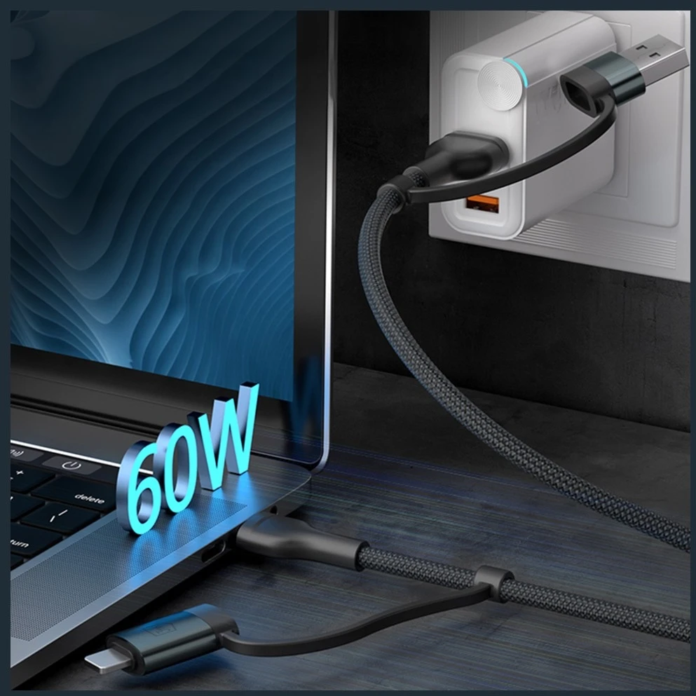 3Mk Protection 3mk Hyper Cable N-SERIES 2 in 2 USB-A / USB-C ir USB-C / Lightning 1.2m QC 3.0 9V/2A 60W - juodas