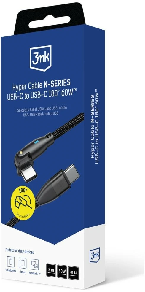 3Mk apsaugos priedai - 3mk Hyper Cable N-SERIES C į C 2m PD 3.0 QC 3.0 20V/3A 60W Juodas - Pasukamas